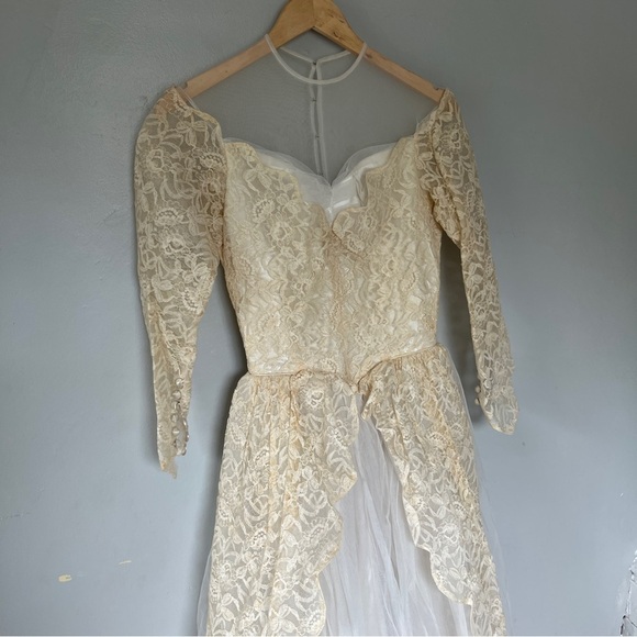 Vintage Lace Neckline Tulle Long Sleeve Princess Embroidery Dress Small 4 Cream - Picture 1 of 12